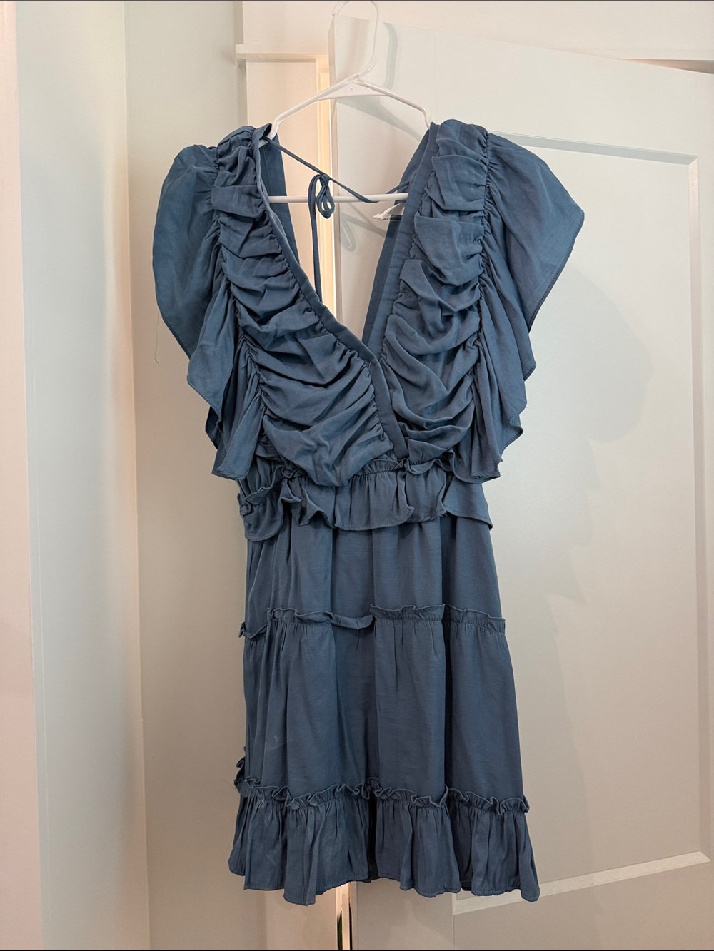 Ruffled V-Neck Short Dress in Slate Blue